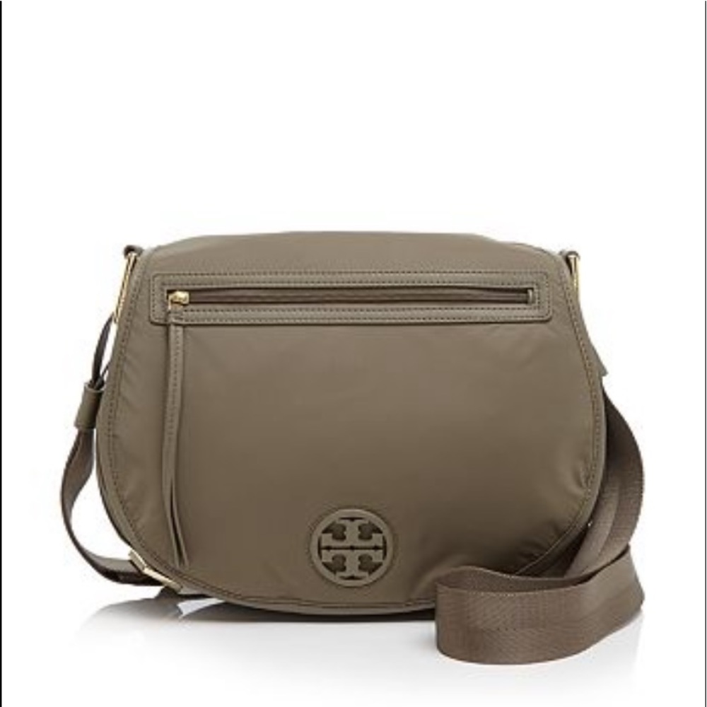 Tory Burch nylon orange and gold messenger crossbody bag with leather trim